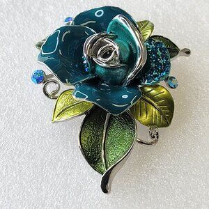 Blue Rose Enamelled Rhinestone Pendant and Brooch